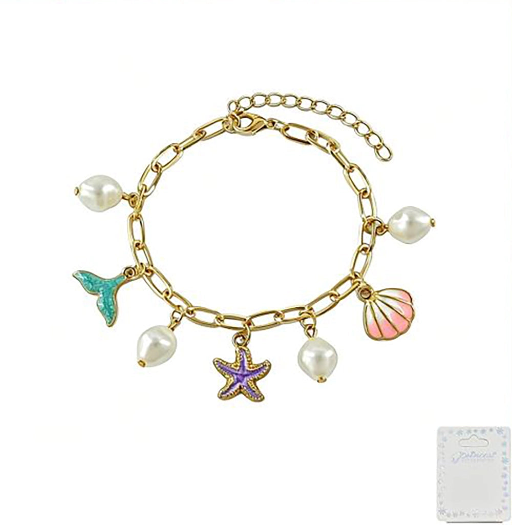 Mermaid Charm Bracelet for Girls and Women – Gold & Silver Ocean Themed Link Chain with Faux Pearl, Starfish, Mermaid Tail, and Seashell Charms (BRC-43769S)