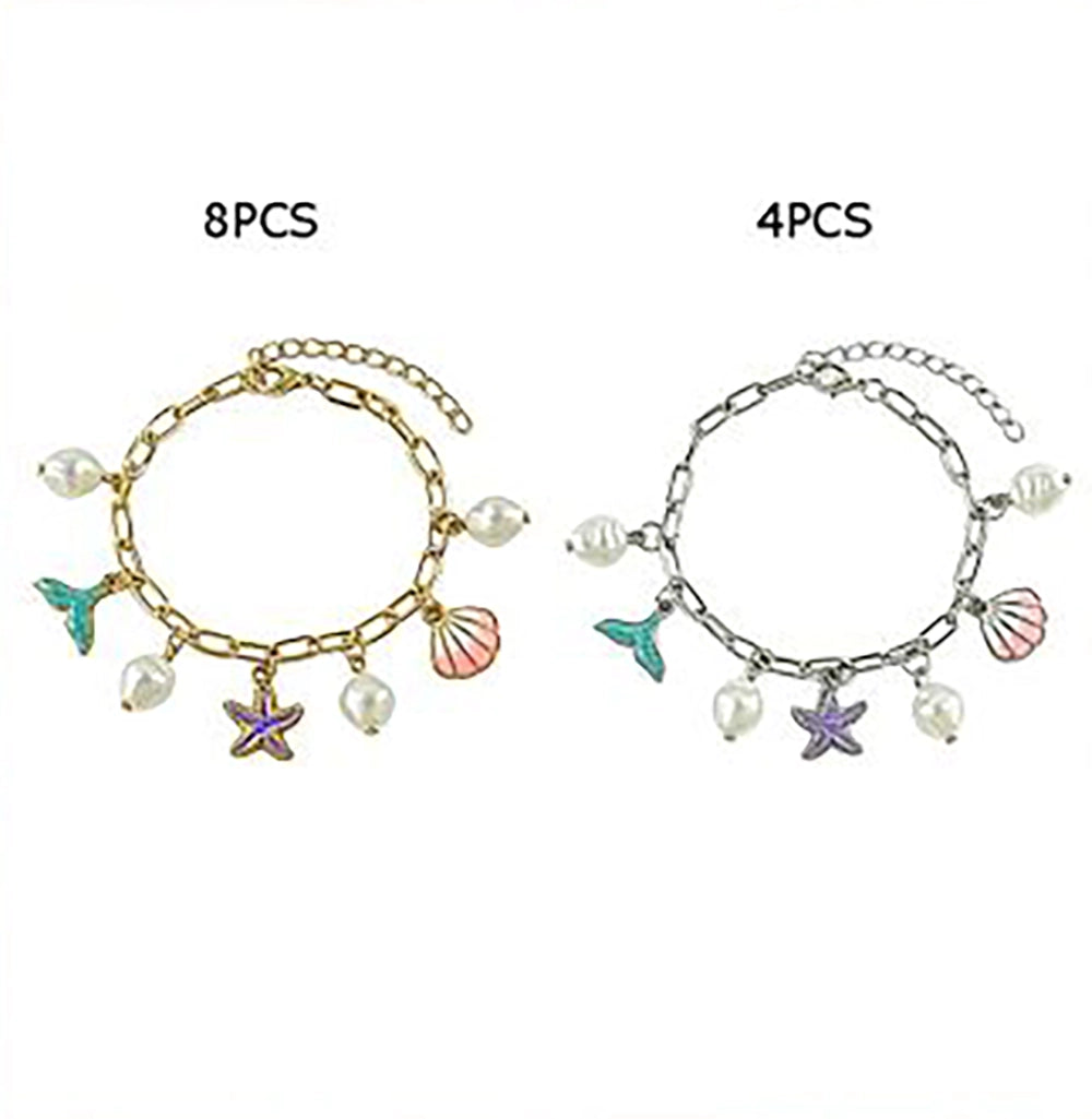 Mermaid Charm Bracelet for Girls and Women – Gold & Silver Ocean Themed Link Chain with Faux Pearl, Starfish, Mermaid Tail, and Seashell Charms (BRC-43769S)