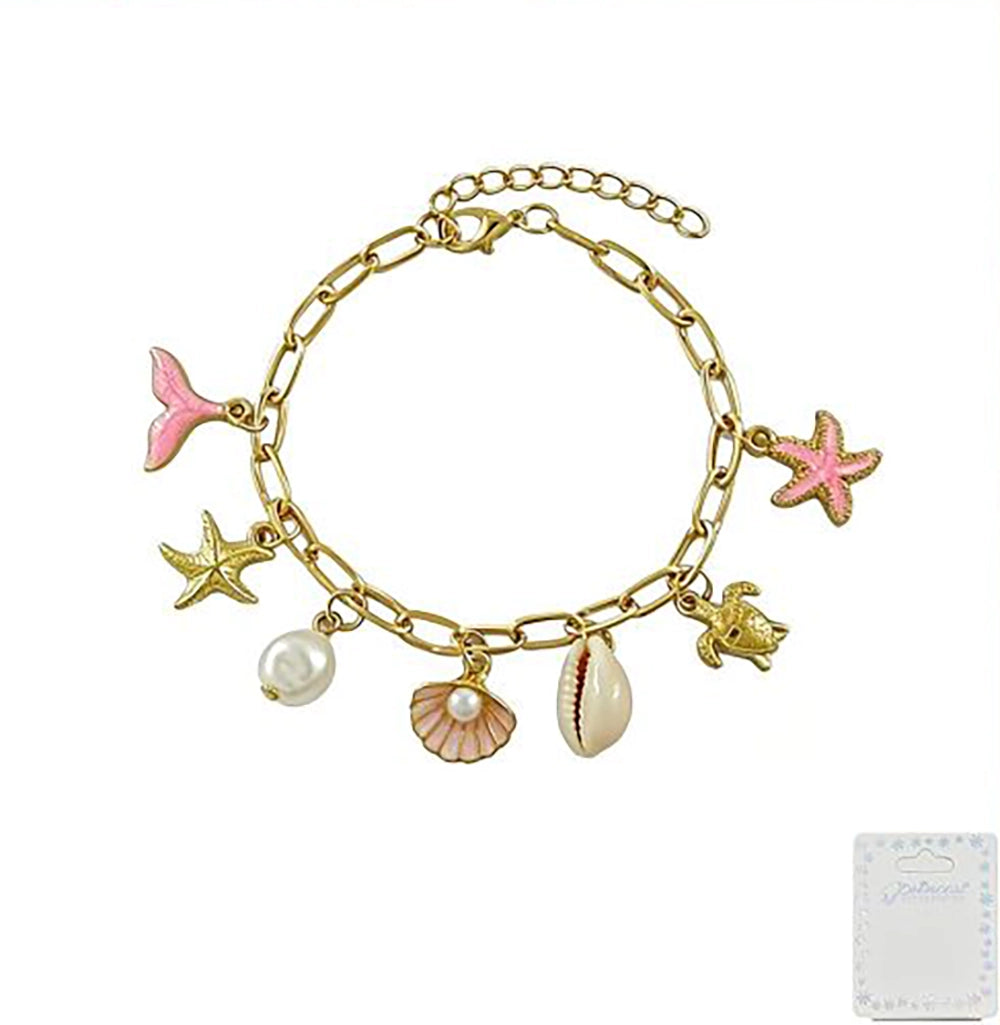 Ocean Charm Bracelet Set for Women and Girls - Gold & Silver Tone Mermaid Tail, Starfish, and Seashell Link Chain Jewelry (BRC-43770S)