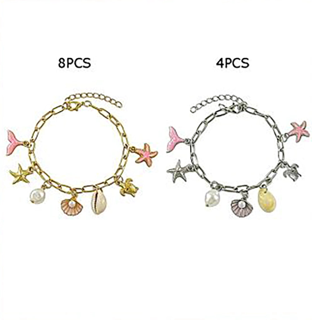 Ocean Charm Bracelet Set for Women and Girls - Gold & Silver Tone Mermaid Tail, Starfish, and Seashell Link Chain Jewelry (BRC-43770S)