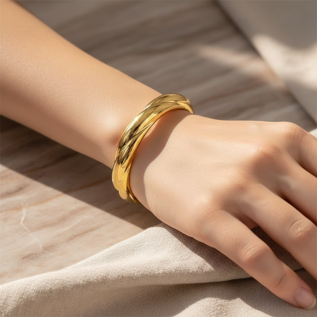 Twisted Gold Cuff Bracelet – Elegant Wide Open Bangle for Women, 6.2cm Diameter (BRC-4503GS)