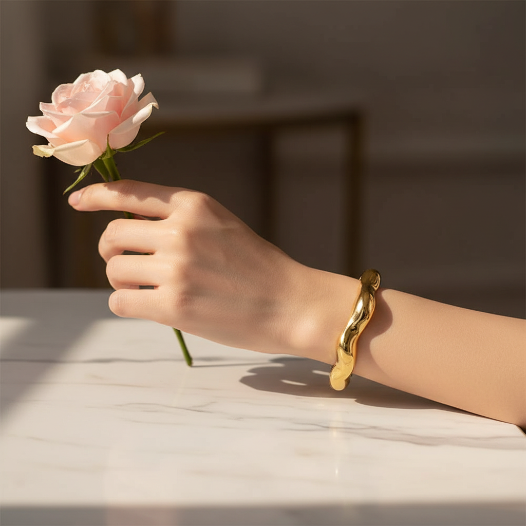 Women's Chunky Wavy Cuff Bracelet - Minimalist Organic Gold/Silver Tone Bangle (BRC-4505GS)