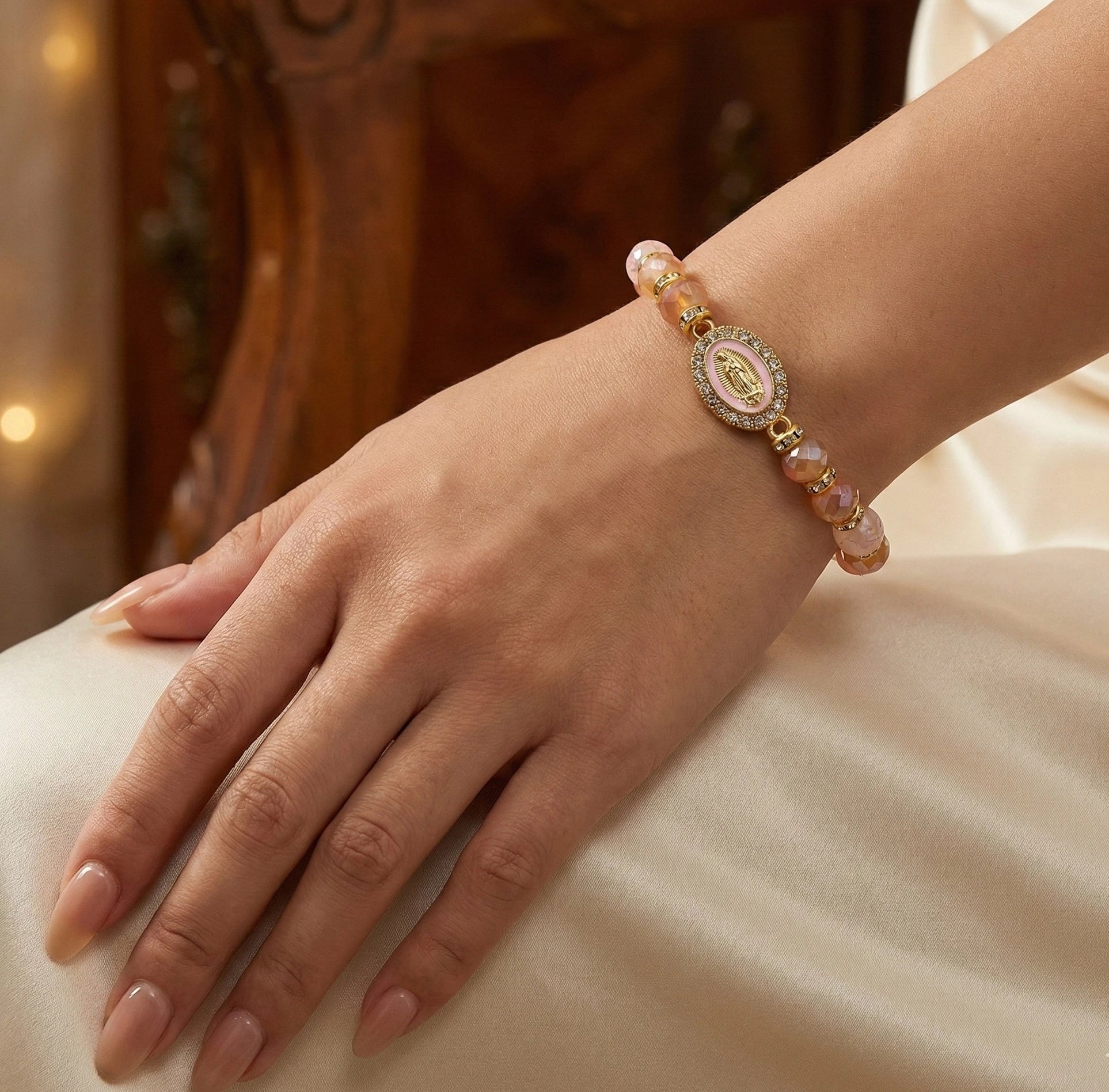 Crystal Rhinestone Our Lady of Guadalupe Stretch Bracelet – 8mm Faceted Religious Beads with Gold-Tone Virgin Mary Medallion (BRC-47072)