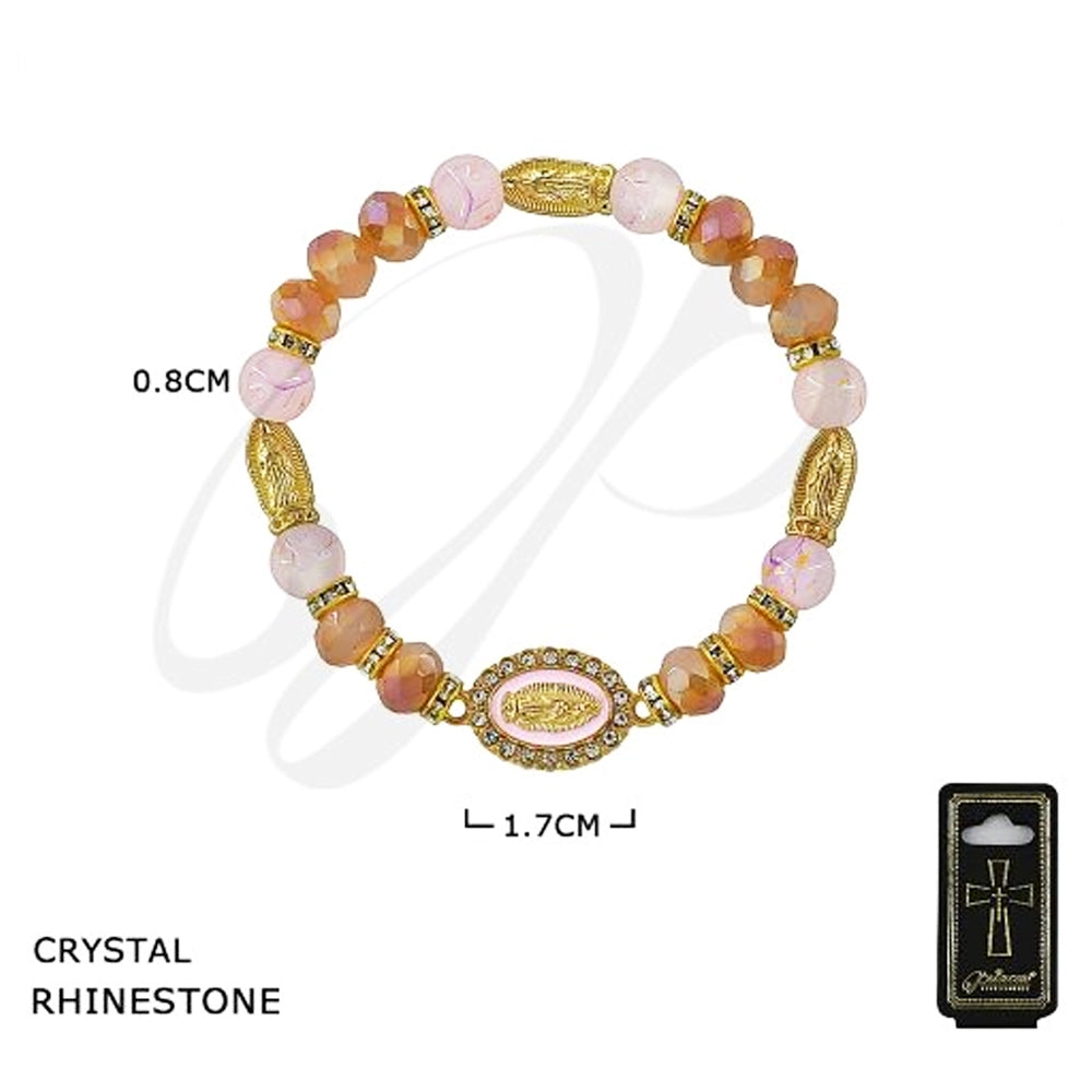 Crystal Rhinestone Our Lady of Guadalupe Stretch Bracelet – 8mm Faceted Religious Beads with Gold-Tone Virgin Mary Medallion (BRC-47072)