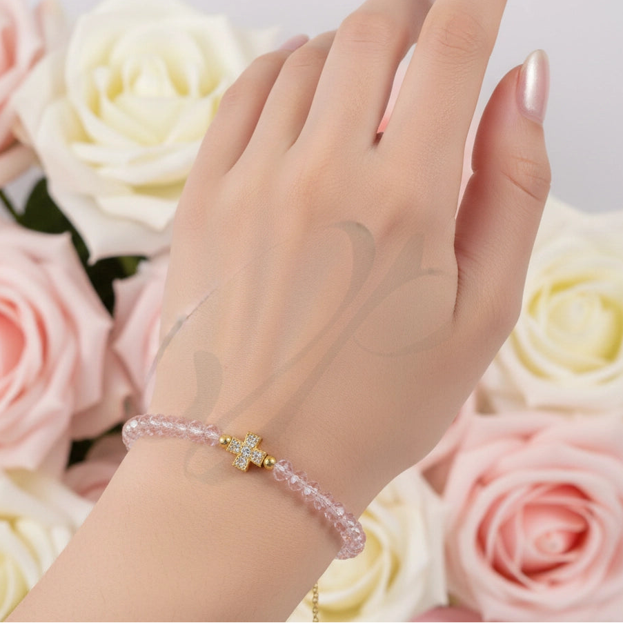 Crystal Rhinestone Cross Bolo Bracelet - Adjustable Beaded Faith Jewelry for Women & Girls (BRC-47075)