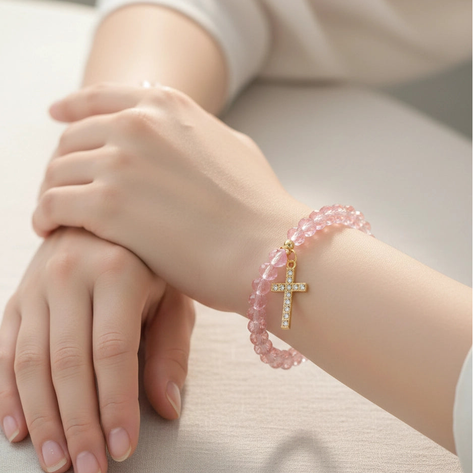 Sparkling Crystal Beaded Cross Charm Bracelet (BRC-47077)