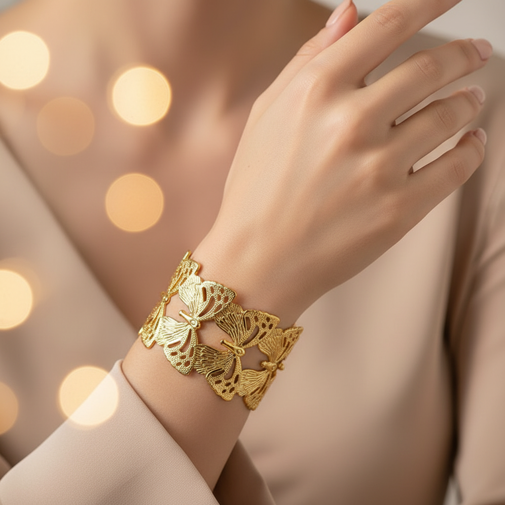 Elegant Butterfly Cuff Bracelet – Adjustable Gold & Silver Filigree Statement Bangle 12pcs (BRC-5005GS)