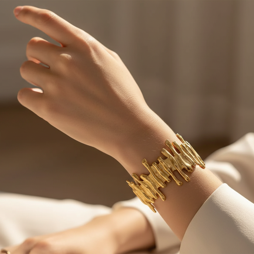 Modern Organic Molten Textured Cuff Bracelet - Statement Gold-Tone Wrist Jewelry (BRC-5006GS)