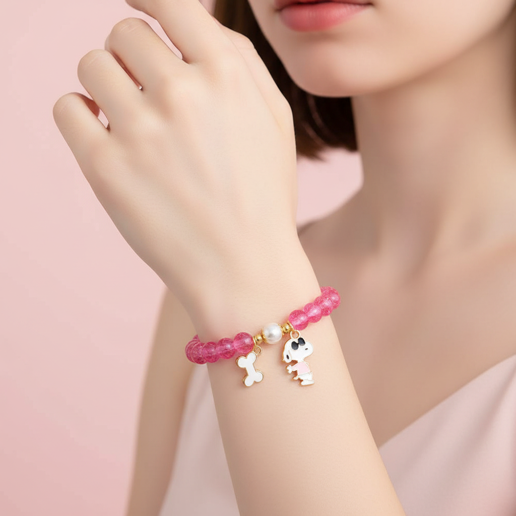 Cute Cartoon Dog Beaded Charm Bracelet | Pastel Crystal Bead Elastic Bracelet with Bone Charm for Kids & Teens (BRT-1301SN)