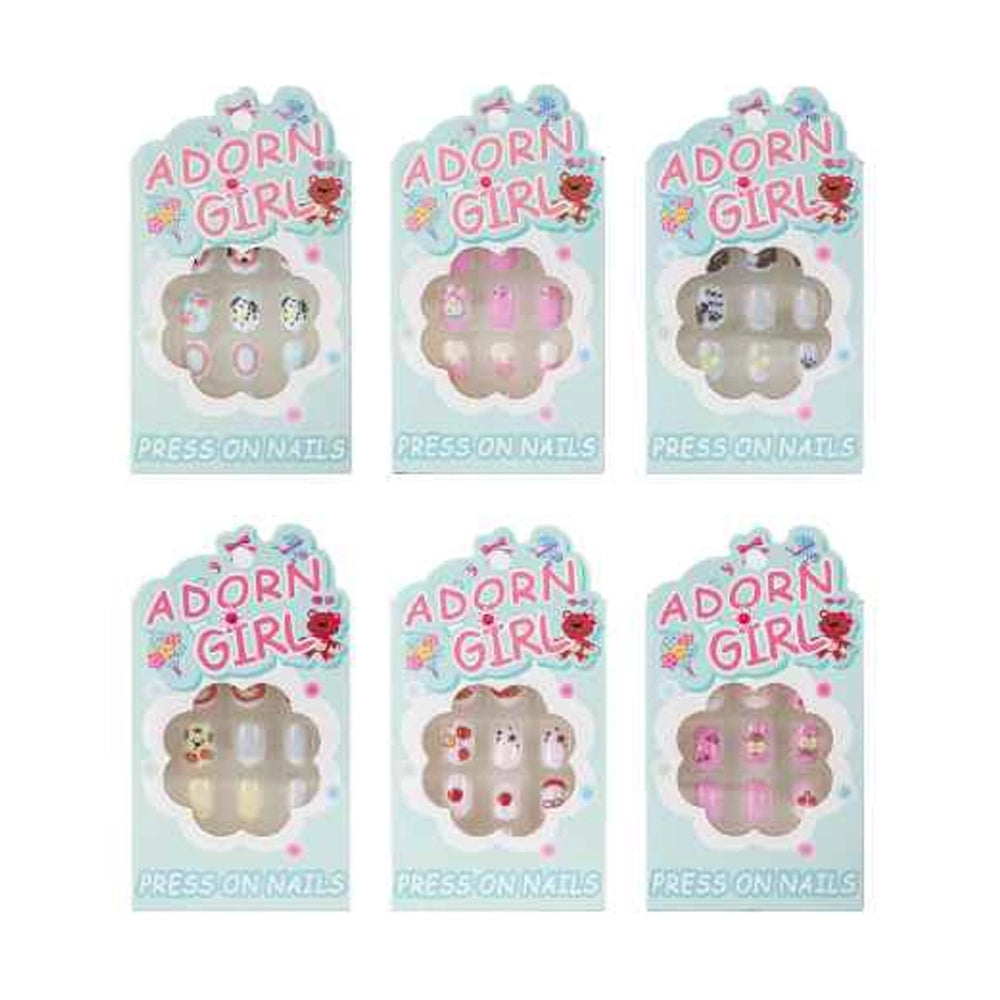 Adorn Kids Girl 12-Piece Cute Cartoon Press-On Nails for Kids - 6 Stylish Designs, Easy Application BT06