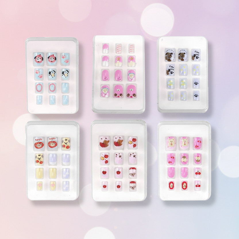 Adorn Kids Girl 12-Piece Cute Cartoon Press-On Nails for Kids - 6 Stylish Designs, Easy Application BT06
