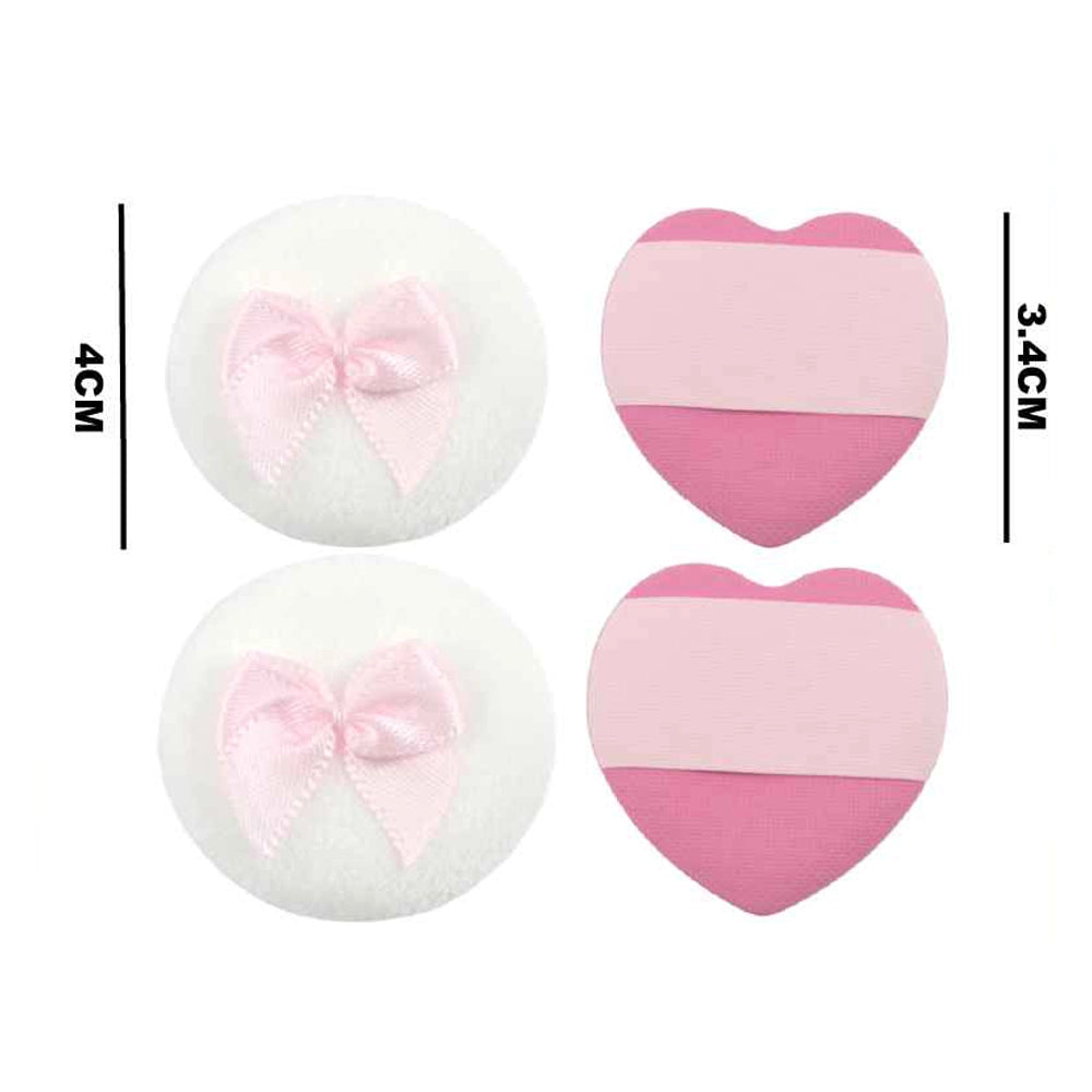 4-Piece Heart & Round Bow Makeup Powder Puff Set – Soft Velvet Face Sponges for Setting & Blending (BT15)
