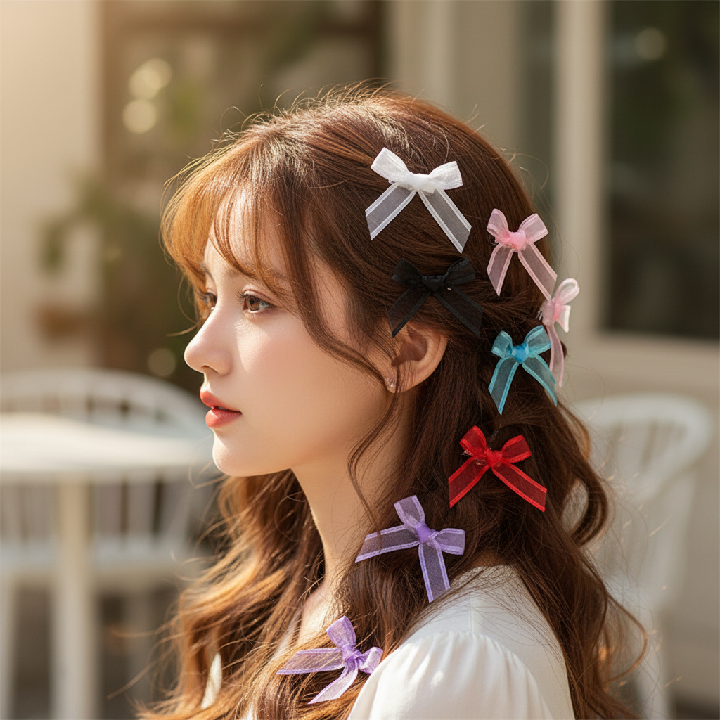Mini Organza Ribbon Bow Hair Clips Set, 4.5cm Sheer Mesh Hair Bows for Girls and Women, Colorful Ribbon Barrettes, Coquette Aesthetic Hair Accessories (BW03A)