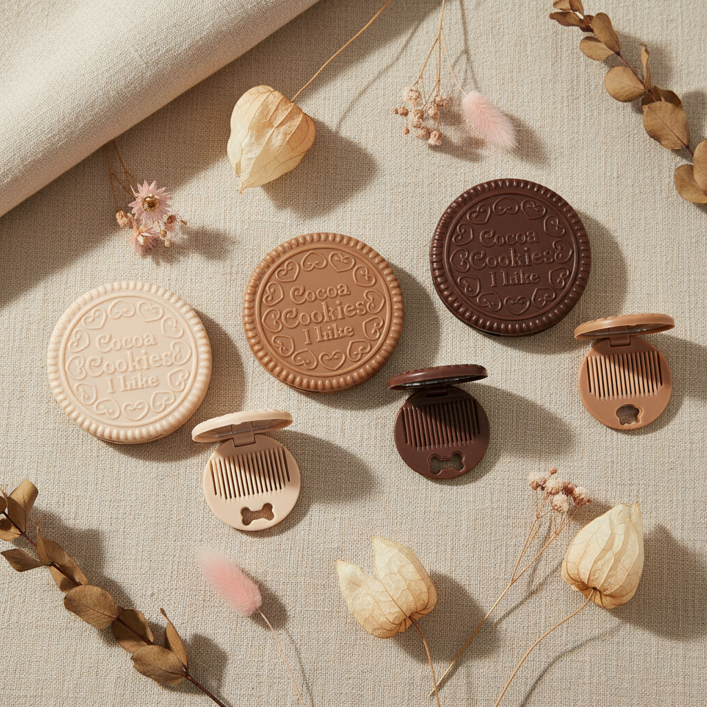 Cookie Folding Hair Brush with Mirror – Cute Oreo-Inspired Compact Pocket Comb, Travel-Sized Round Makeup Mirror and Detangling Brush Set, 3 Chocolate Shades (CB-1100)