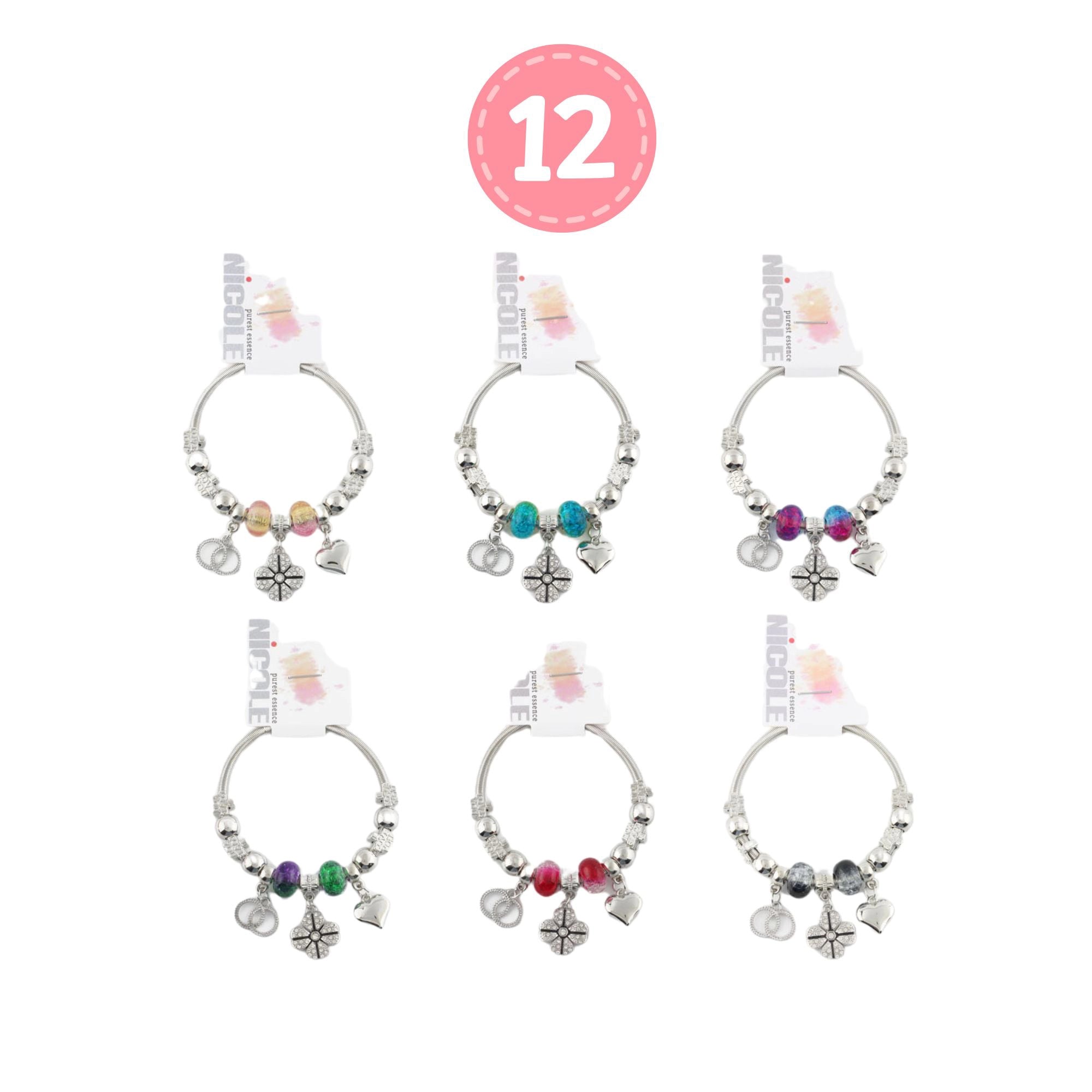 Silver Charm Bangle Bracelet with Beads – Heart & Flower Charms