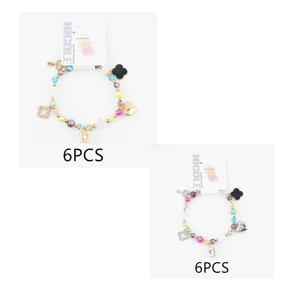 Multicolored Crystal Beaded Charm Bracelet with Gold-Tone Accents – Floral & Heart Pendants (CB2306MT)