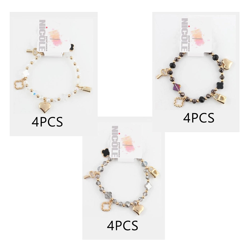 Beaded Charm Bracelet Set – Heart, Key, and Quatrefoil Stretch Bracelets with Crystal Accents (CB2306)