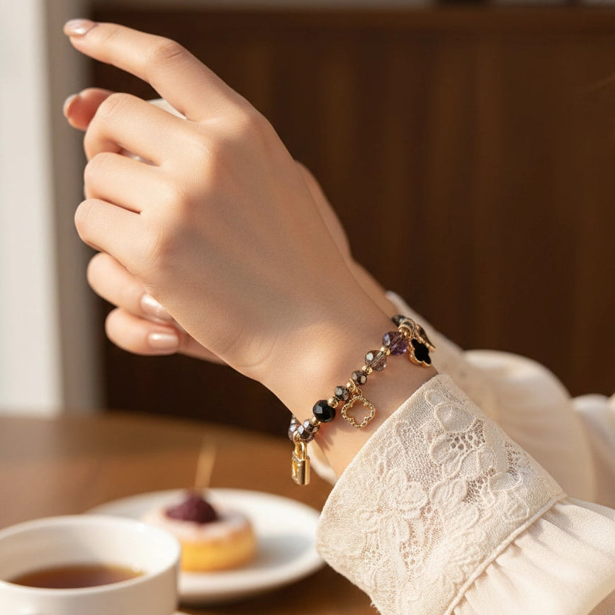 Beaded Charm Bracelet Set – Heart, Key, and Quatrefoil Stretch Bracelets with Crystal Accents (CB2306)