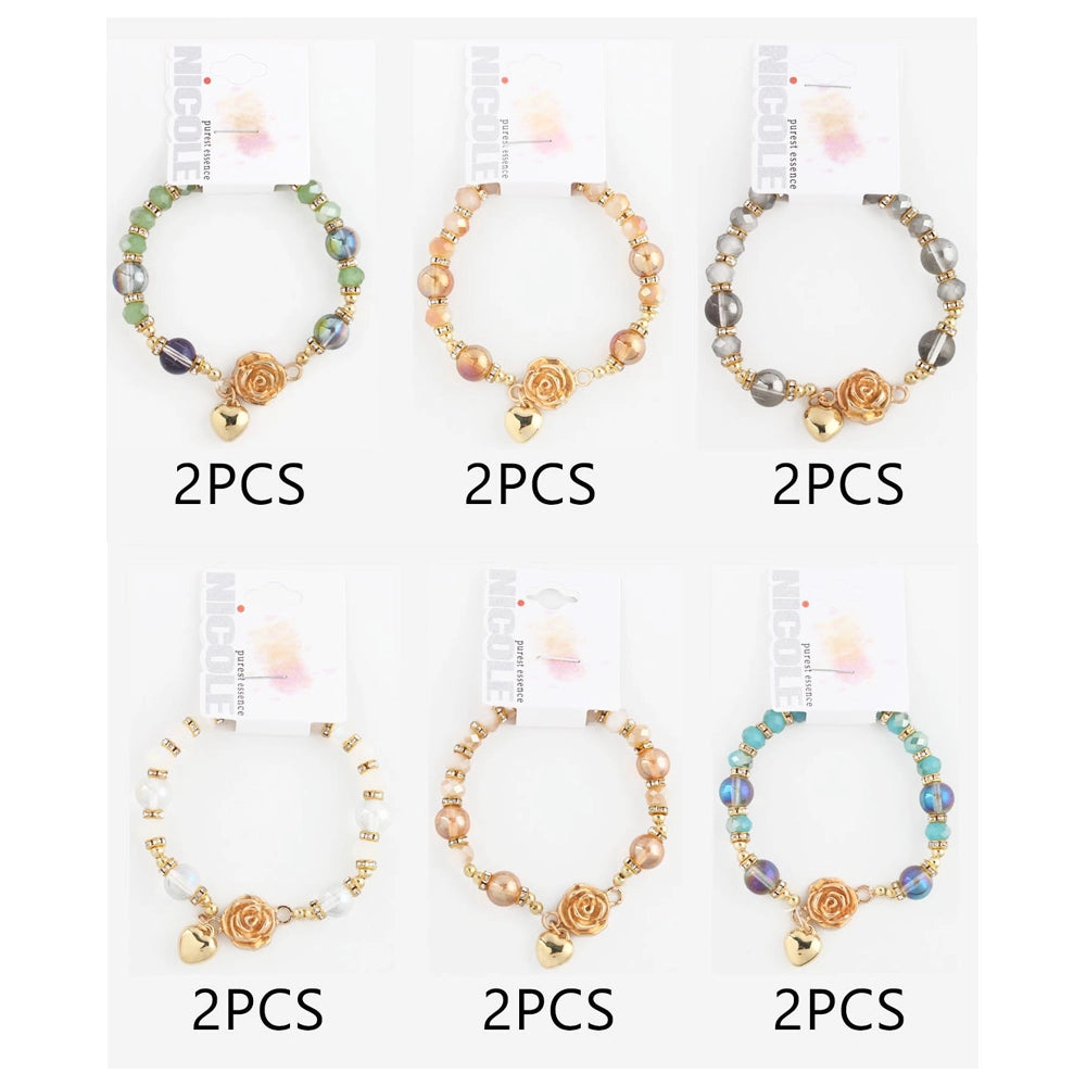 Rose & Heart Charm Beaded Stretch Bracelet Assortment – 12pc(CB2317)
