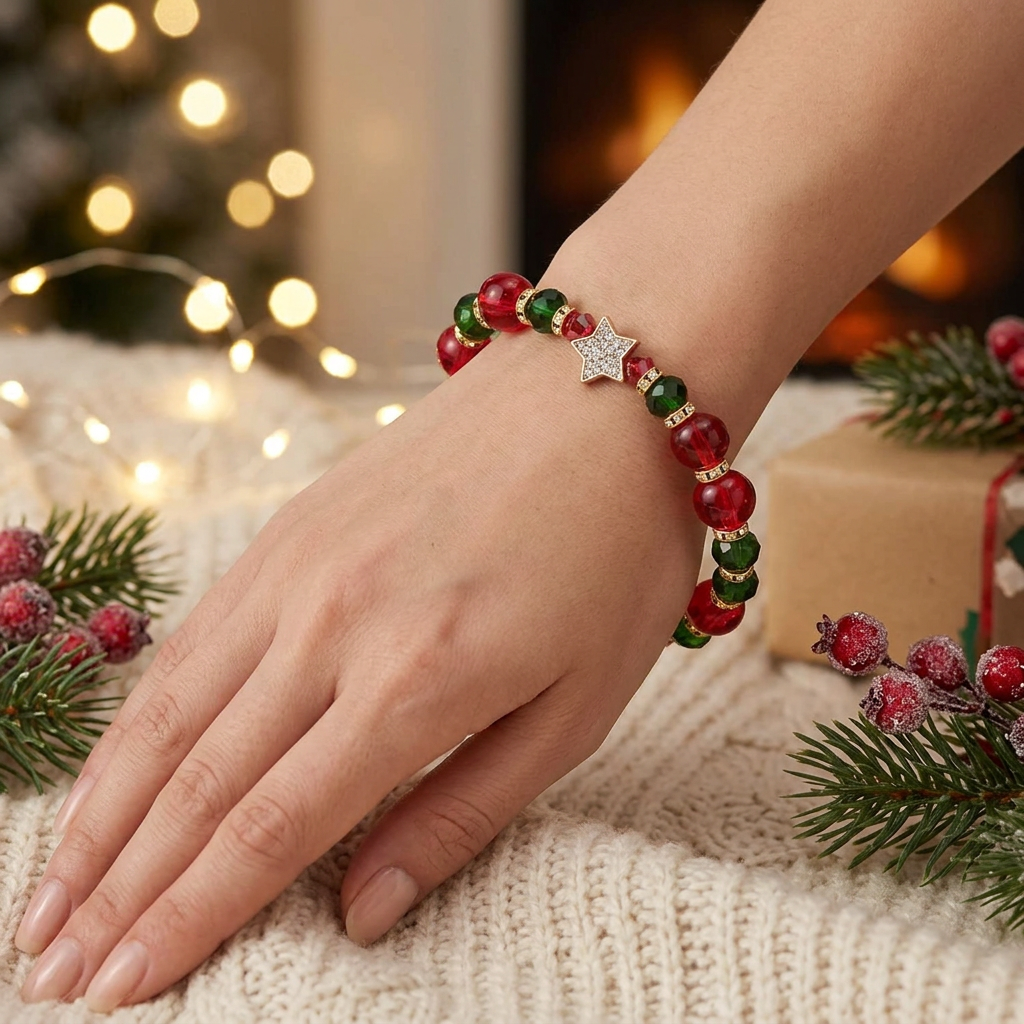 Women’s Christmas Holiday Enamel Tree & Paved Star Connector Beaded Stretch Bracelet – 12pcs (CB2836)