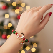 Christmas Beaded Bracelet – Red & Green Noel Reindeer Charm Holiday Jewelry