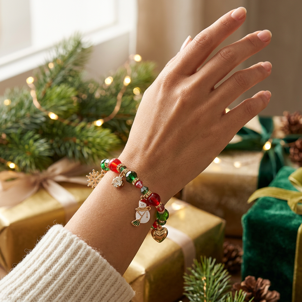 Women’s Christmas Holiday Snowman, Snowflake & Heart Charm Beaded Stretch Bracelet – 12pcs (CB2840)