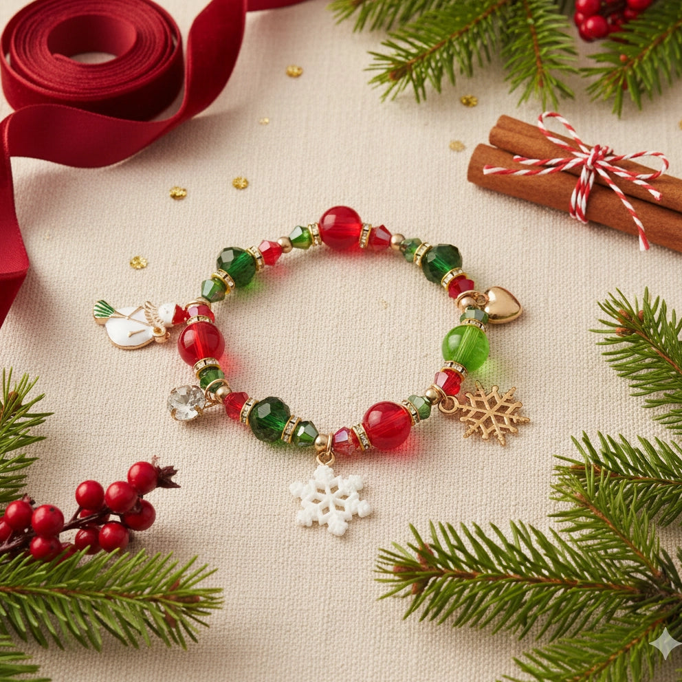 Christmas Beaded Charm Bracelet – Red & Green Holiday Bracelet with Snowflake and Snowman Charms