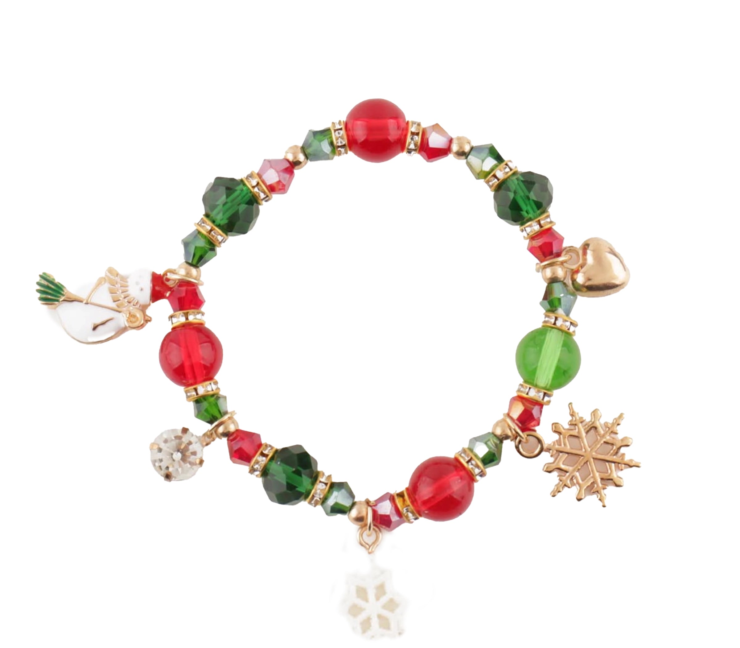 Christmas Beaded Charm Bracelet – Red & Green Holiday Bracelet with Snowflake and Snowman Charms