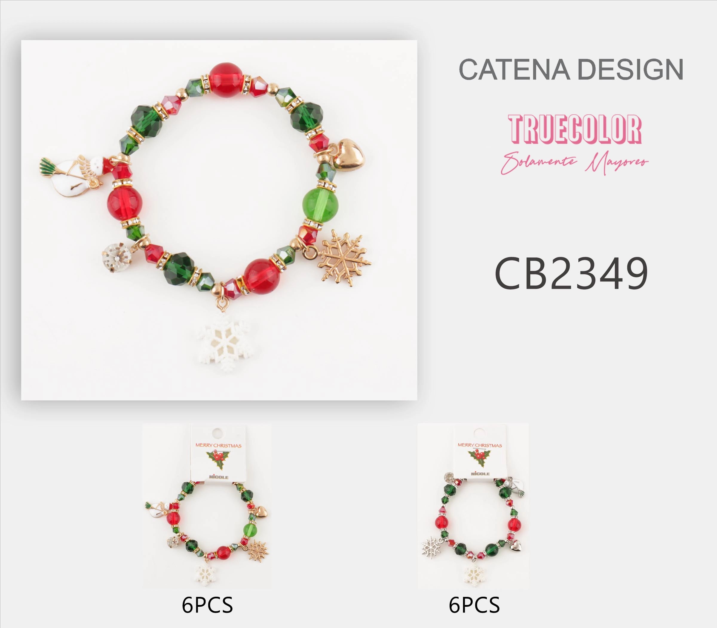 Christmas Beaded Charm Bracelet – Red & Green Holiday Bracelet with Snowflake and Snowman Charms