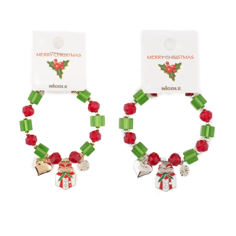 Christmas Beaded Charm Bracelet – Red & Green Holiday Bracelet with Heart, Gift box, Sparking Charm