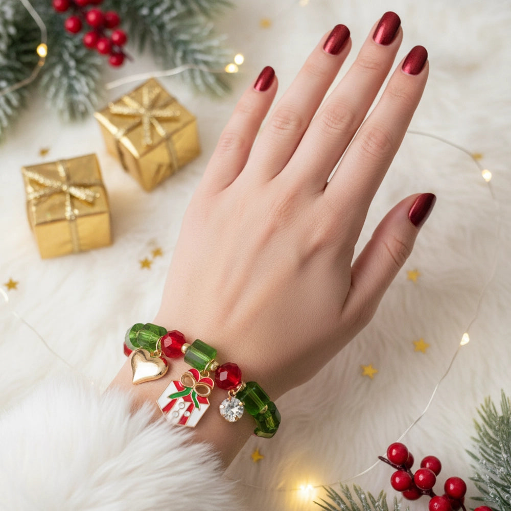 Christmas Beaded Charm Bracelet – Red & Green Holiday Bracelet with Heart, Gift box, Sparking Charm