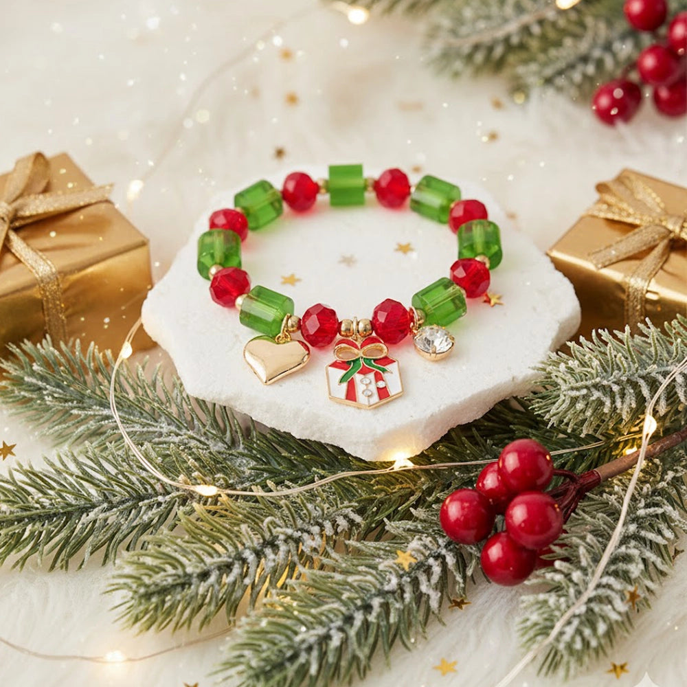 Christmas Beaded Charm Bracelet – Red & Green Holiday Bracelet with Heart, Gift box, Sparking Charm