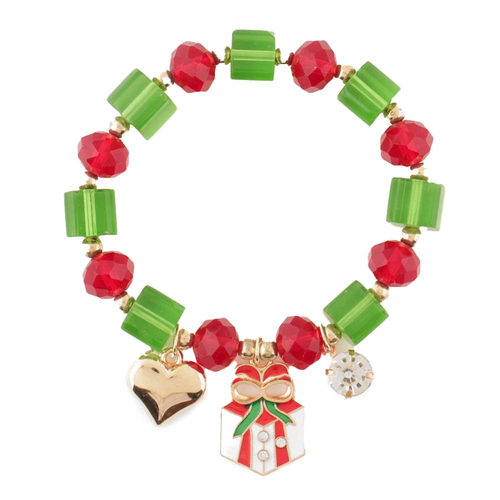 Christmas Beaded Charm Bracelet – Red & Green Holiday Bracelet with Heart, Gift box, Sparking Charm