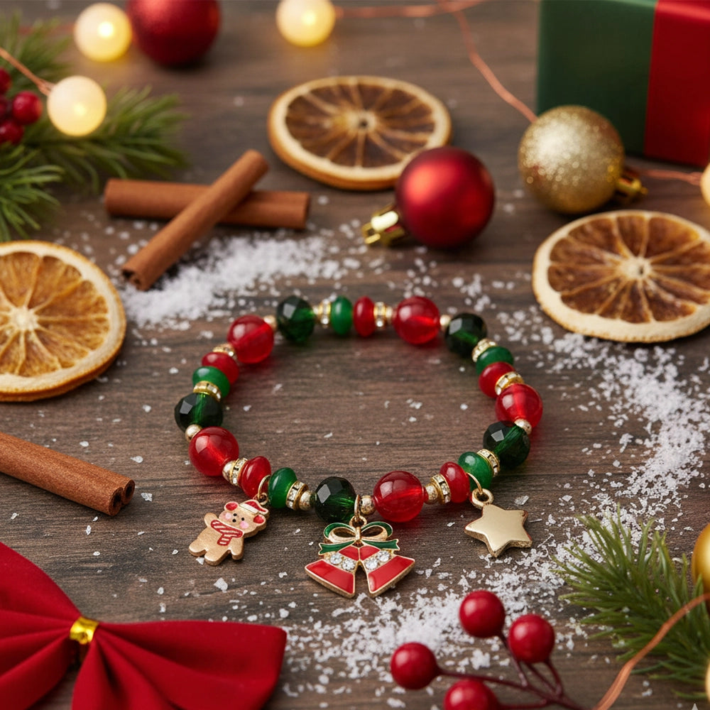 Christmas Beaded Charm Bracelet – Holiday Bracelet with Bear Bells Star