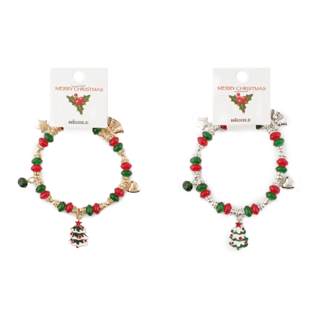 Christmas Beaded Charm Bracelet – Holiday Bracelet with Christmas Tree, Bell, Heart, and Star