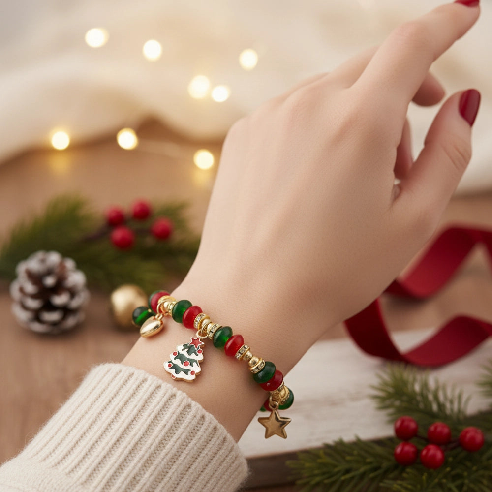 Christmas Beaded Charm Bracelet – Holiday Bracelet with Christmas Tree, Bell, Heart, and Star