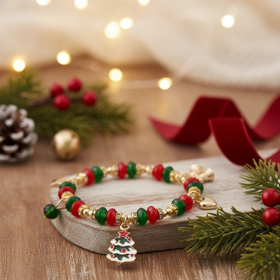 Christmas Beaded Charm Bracelet – Holiday Bracelet with Christmas Tree, Bell, Heart, and Star