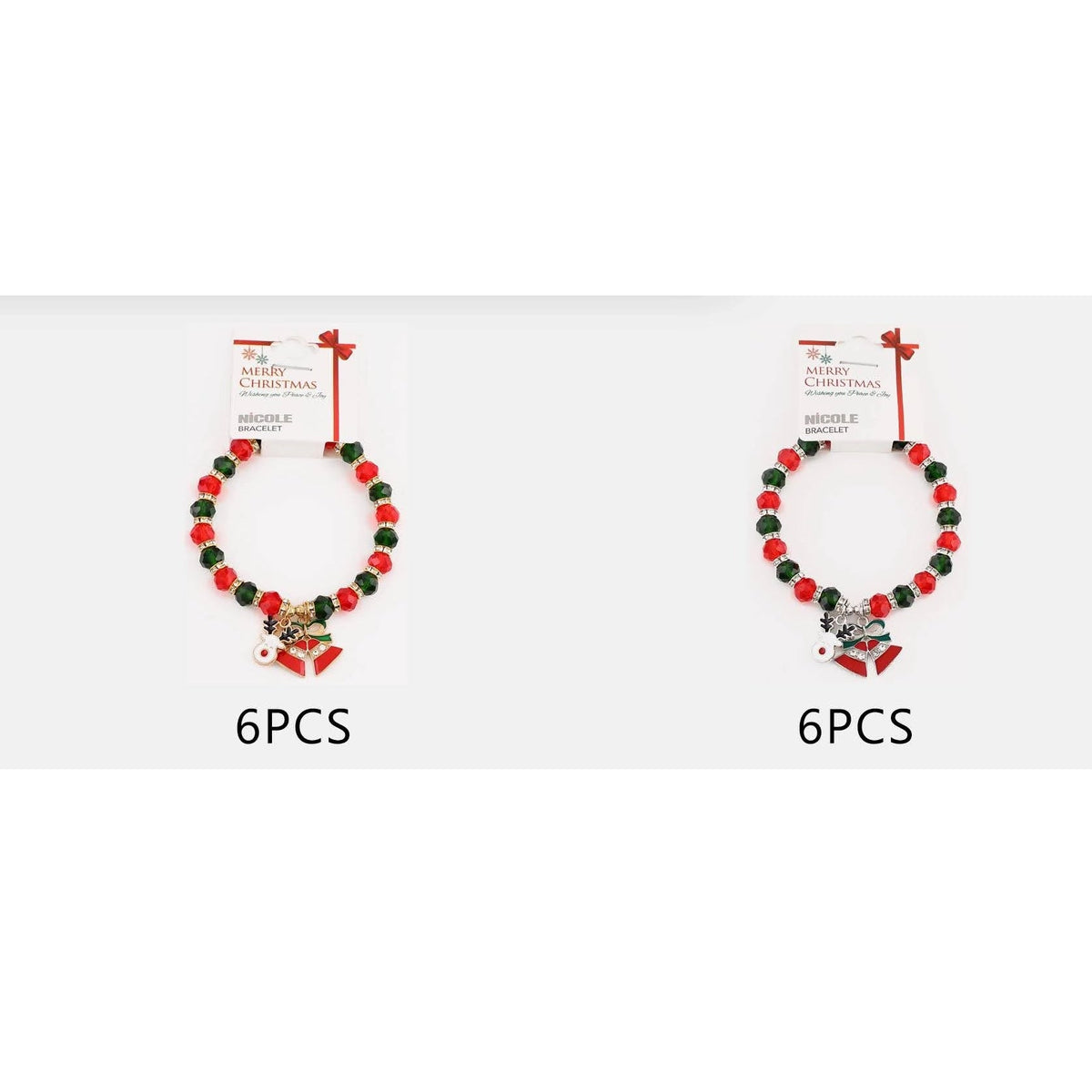 Women’s Christmas Holiday Reindeer & Jingle Bell Charm Beaded Stretch Bracelet – 12pcs (CB2837)