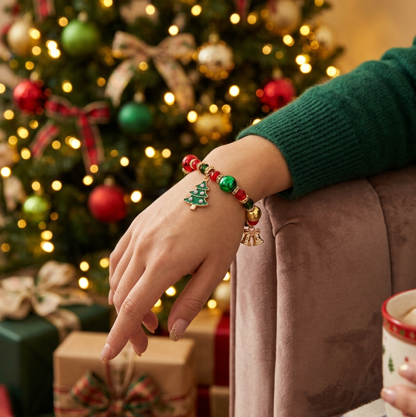 Women’s Christmas Holiday Beaded Stretch Bracelet with Christmas Tree & Jingle Bell Charms – Festive 12pcs (CB2838)