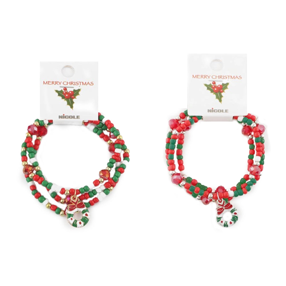 Christmas Beaded Charm Bracelet – 3pc Bracelet Christmas wreath pendant