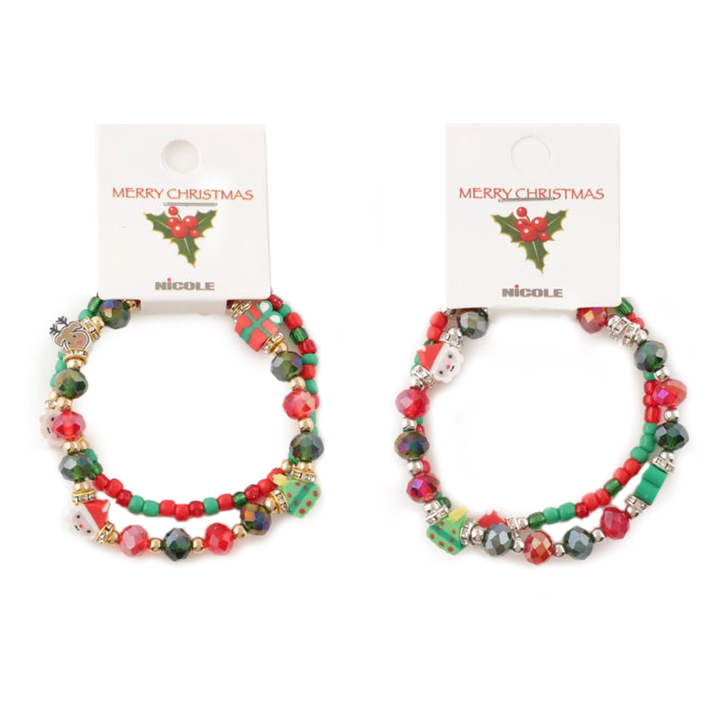 Christmas Beaded Charm Bracelet – Santa face, a deer, a Christmas tree, and a present.