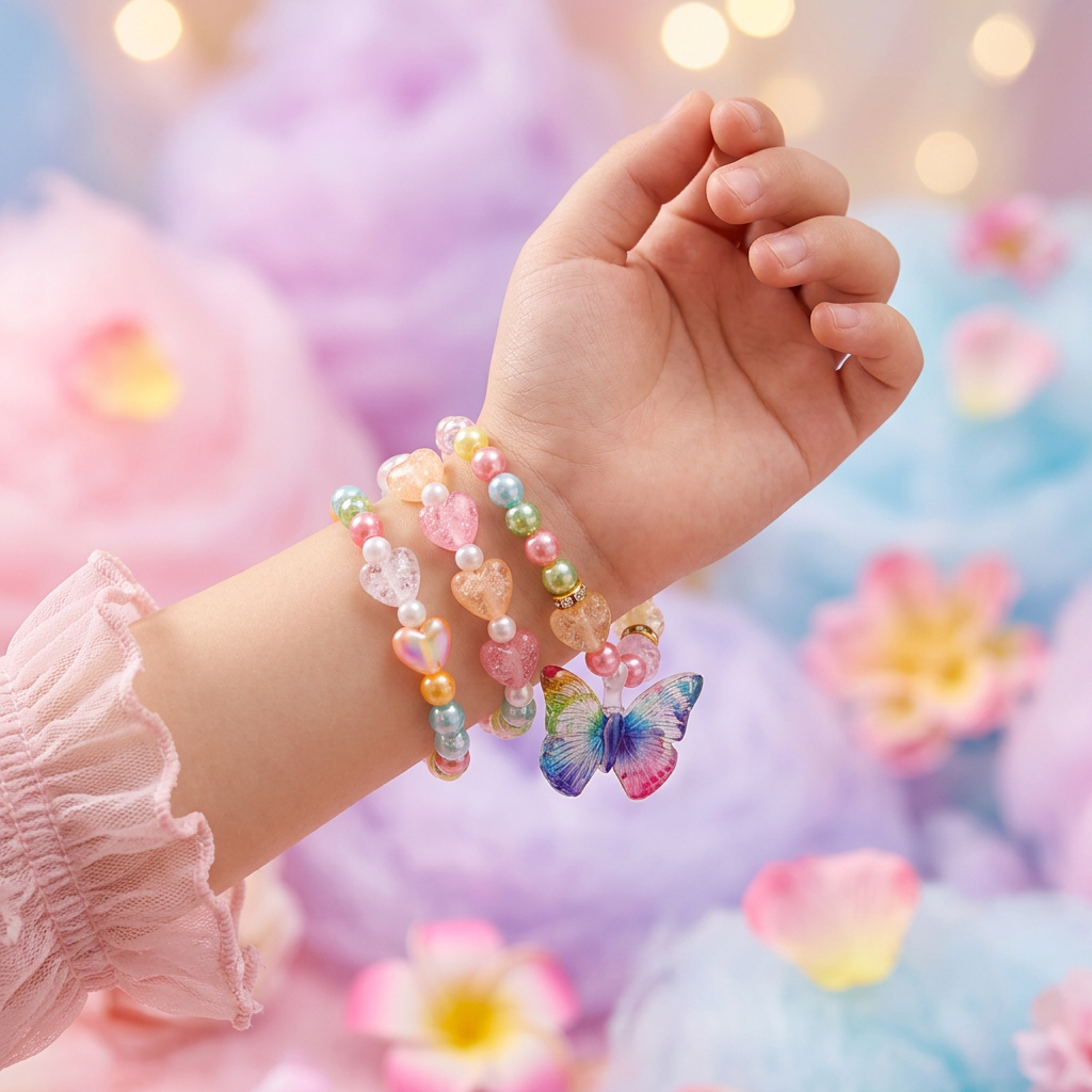 Kids Pastel Crystal Butterfly & Heart 3-Piece Stackable Stretch Bracelet Set – 12pcs (CB2385)