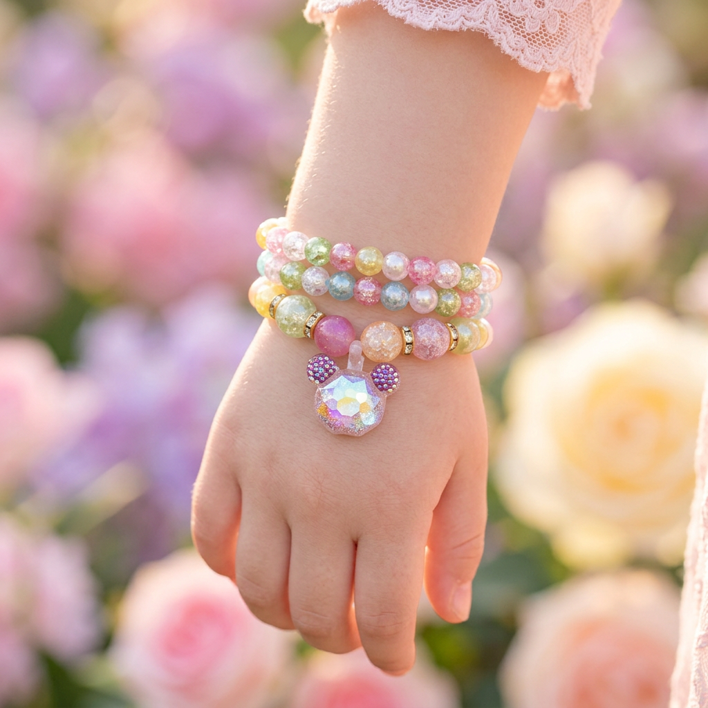 Kids Pastel Crystal & Mouse Head Charm 3-Piece Stackable Stretch Bracelet Set – 12pcs (CB2387)
