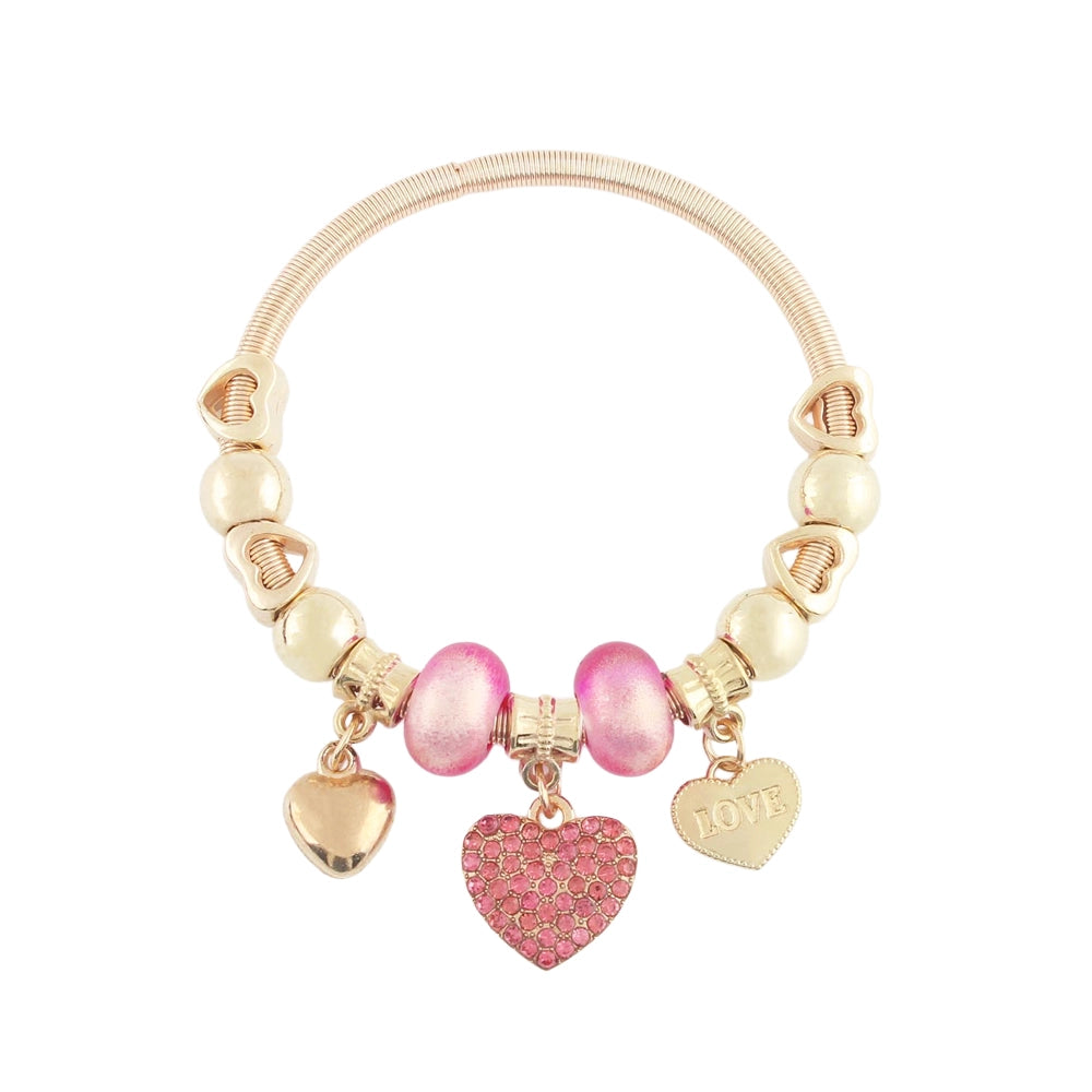 Romantic Crystal Heart Charm Bangle Bracelet – "Love" Pendant & Rhinestone Beads – Perfect Valentine’s Day Gift