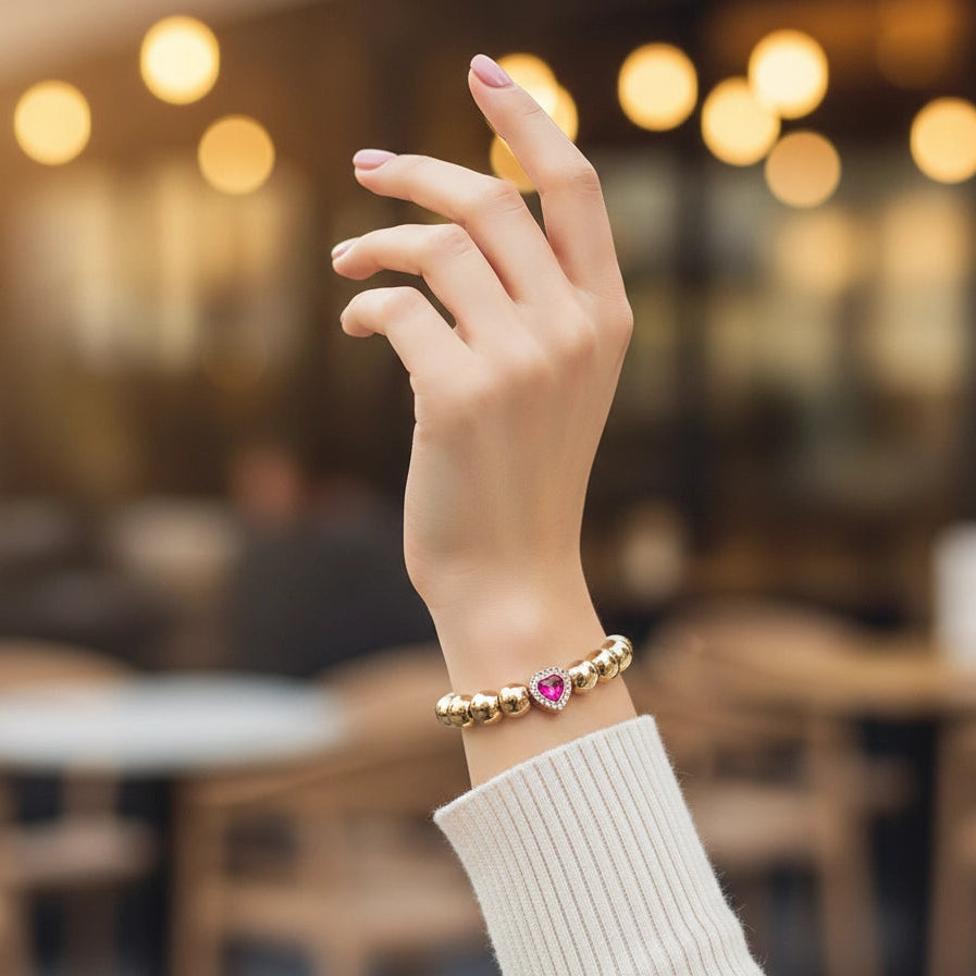 Sparkly Crystal Heart Charm Bracelet | Gold & Silver Tone Stretch Bangle | Perfect Valentine’s Gift