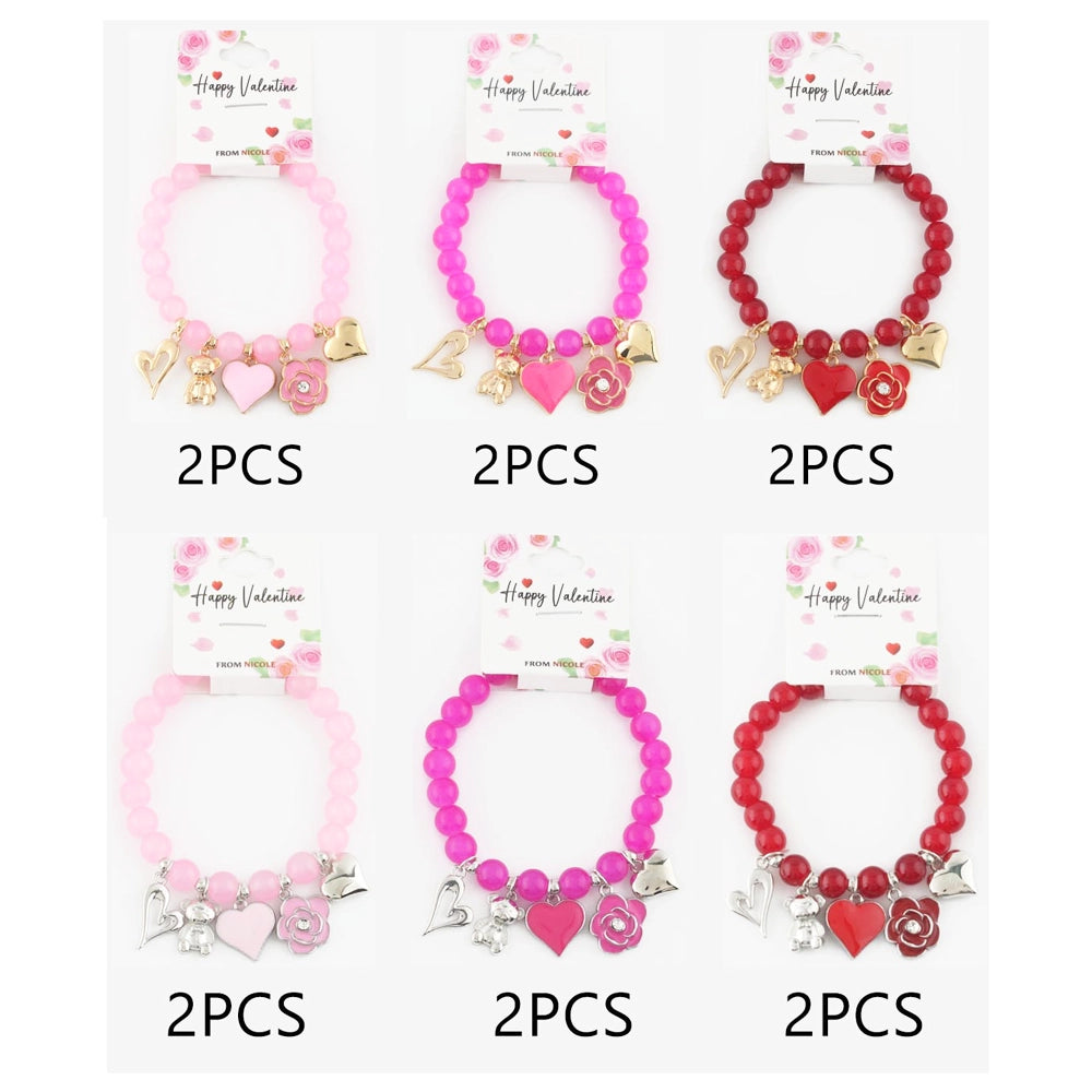 Valentine’s Day Beaded Charm Bracelet Set – Teddy Bear, Heart & Flower Charms – Cute Jewelry Gift for Her