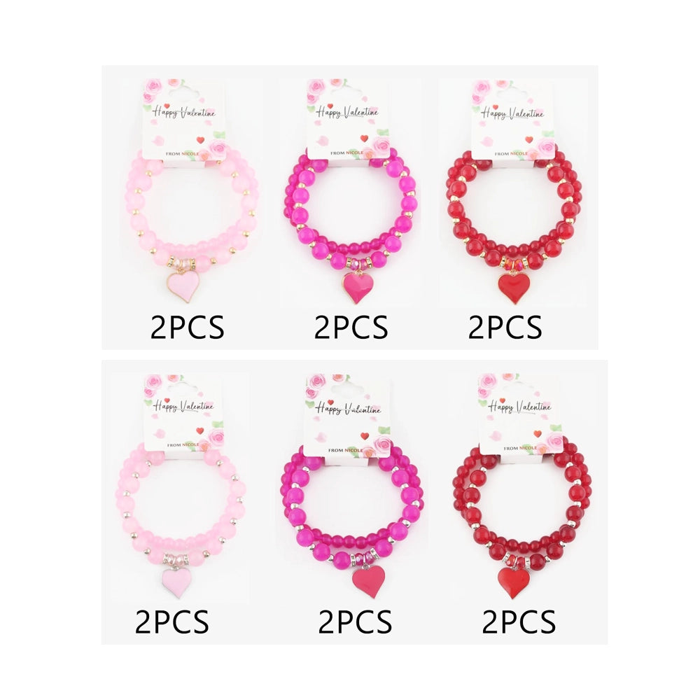 Sweetheart Stacking Bracelet Set – 2pc Beaded Heart Charm Jewelry