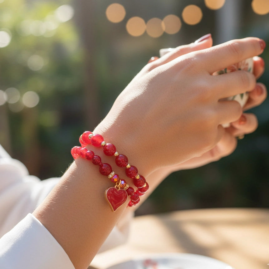 Sweetheart Stacking Bracelet Set – 2pc Beaded Heart Charm Jewelry