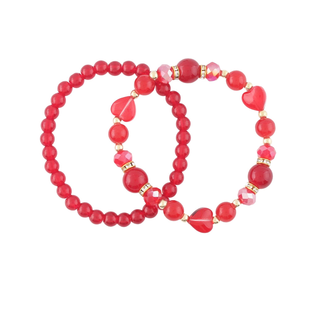 Valentine’s Day Beaded Bracelet Sets – Red & Pink Crystal Heart Stackable Jewelry – Romantic Gift for Her