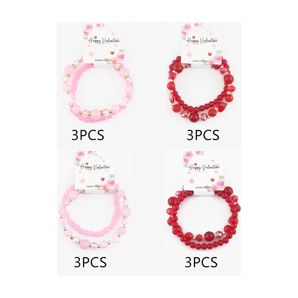 Valentine’s Day Beaded Bracelet Sets – Red & Pink Crystal Heart Stackable Jewelry – Romantic Gift for Her
